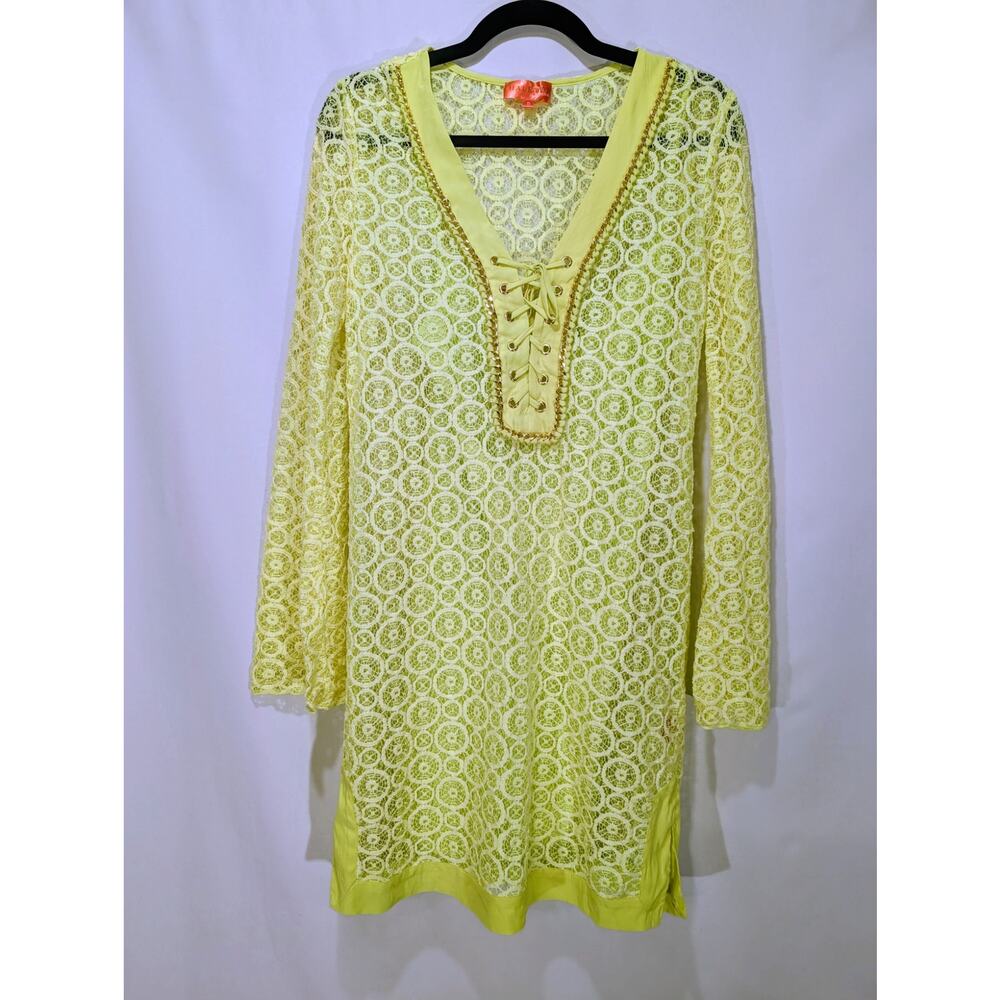 Hale Bob Cabana Yellow Lace Tunic Dress with Gold Chain Trim Size Small